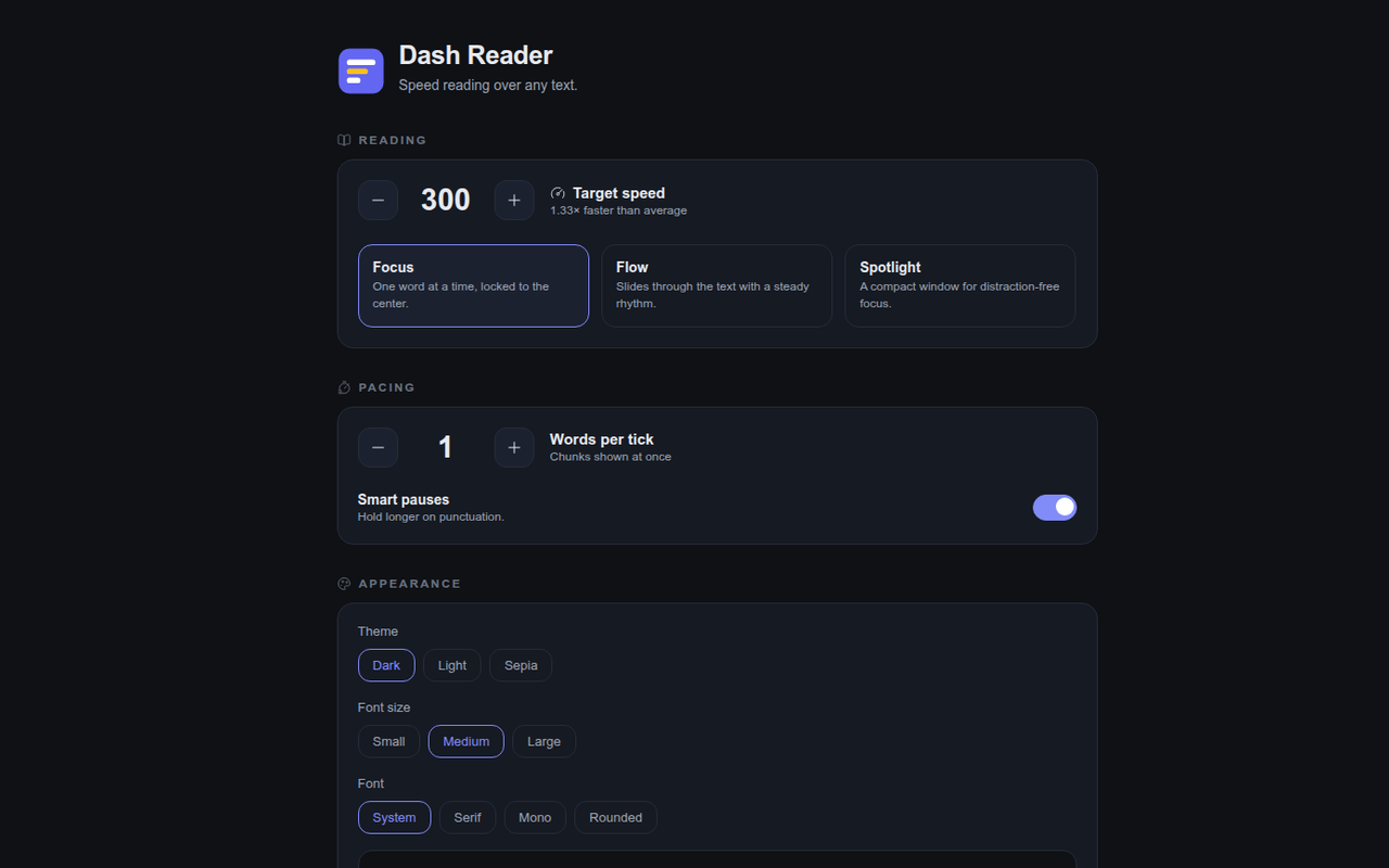 Dash Reader options page with settings and stats dashboard