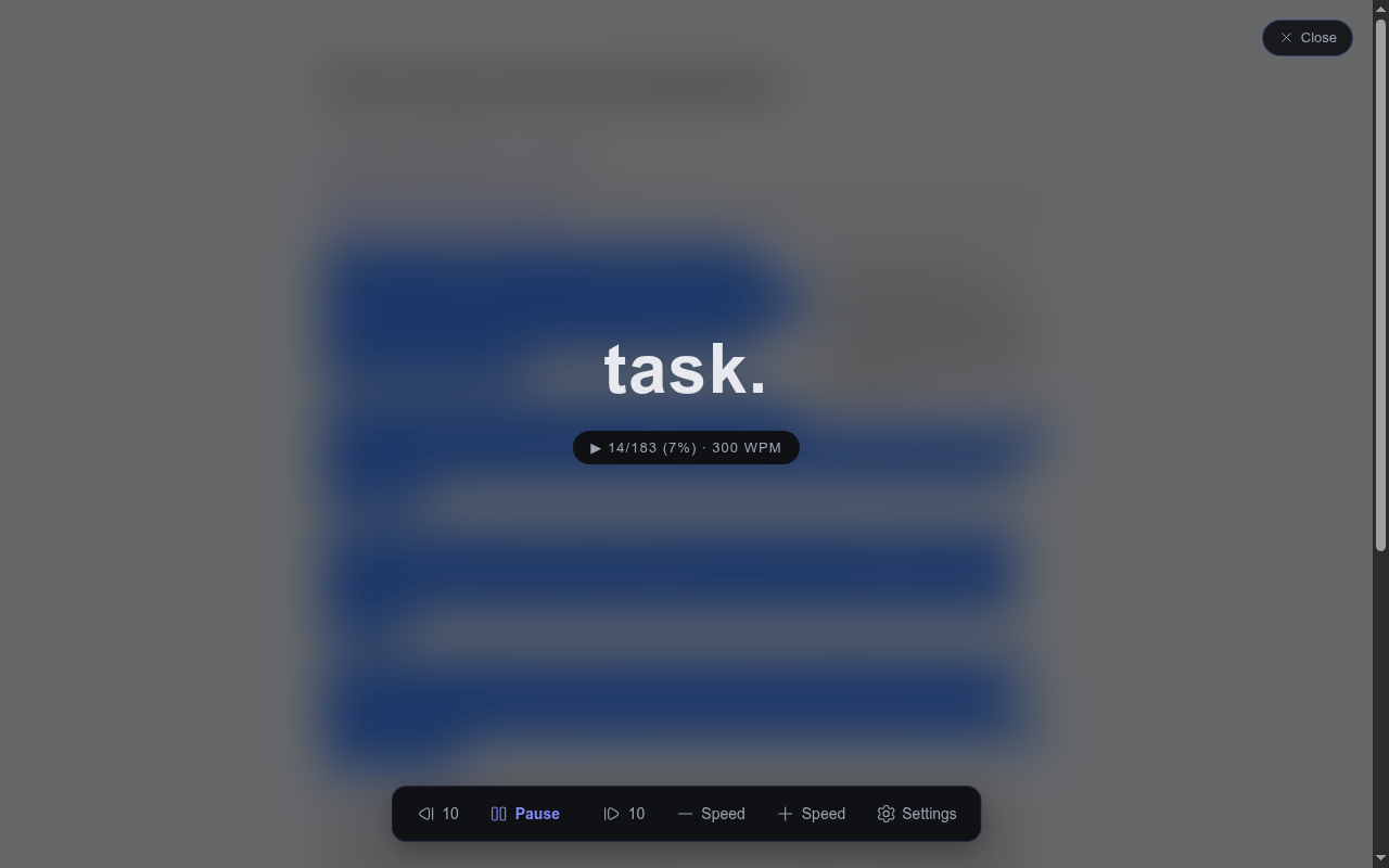 Dash Reader active reader overlay showing a word fixed at the focus point